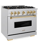 ZLINE Autograph Edition 36 in. 5.2 cu. ft. Classic Gas Range with 6 Burner Cooktop and Convection Gas Oven in DuraSnow® Stainless Steel and Polished Gold Accents (CGRSZ-36-G) - (CGRSZ36G) -