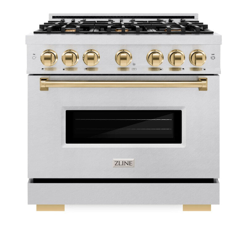 ZLINE Autograph Edition 36 in. 5.2 cu. ft. Classic Gas Range with 6 Burner Cooktop and Convection Gas Oven in DuraSnow® Stainless Steel and Polished Gold Accents (CGRSZ-36-G) - (CGRSZ36G) -
