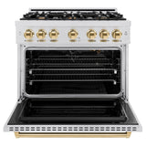 ZLINE Autograph Edition 36 in. 5.2 cu. ft. Classic Gas Range with 6 Burner Cooktop and Convection Gas Oven in DuraSnow® Stainless Steel and Polished Gold Accents (CGRSZ-36-G) - (CGRSZ36G) -