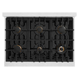 ZLINE Autograph Edition 36 in. 5.2 cu. ft. Classic Gas Range with 6 Burner Cooktop and Convection Gas Oven in DuraSnow® Stainless Steel and Polished Gold Accents (CGRSZ-36-G) - (CGRSZ36G) -