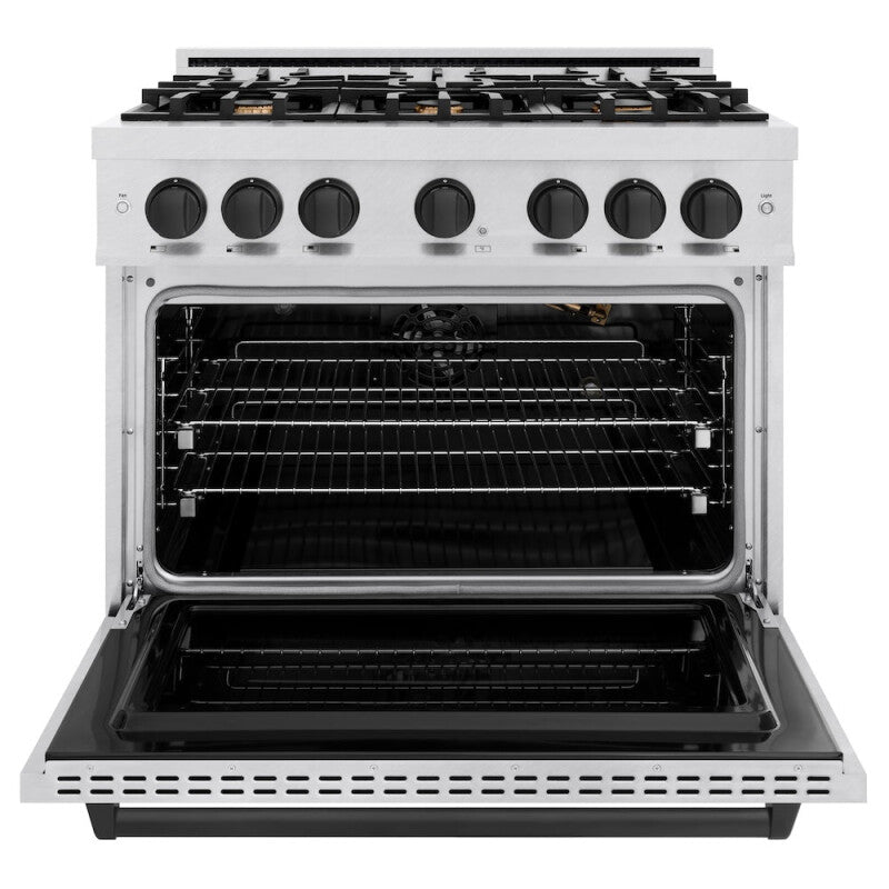 ZLINE Autograph Edition 36 in. 5.2 cu. ft. Classic Gas Range with 6 Burner Cooktop and Convection Gas Oven in DuraSnow® Stainless Steel and Matte Black Accents (CGRSZ-36-MB) - (CGRSZ36MB) -
