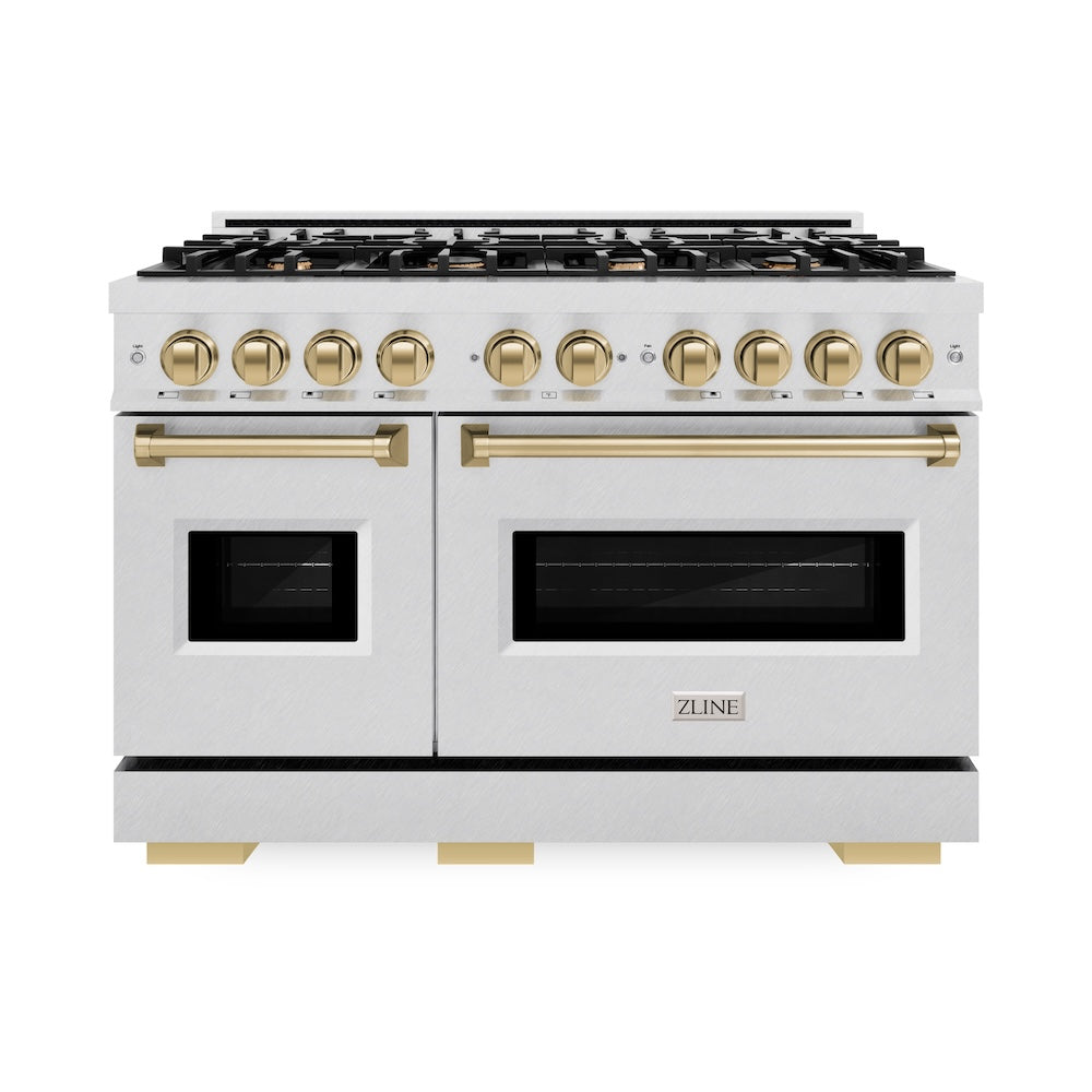 ZLINE Autograph Edition 48 in. 6.7 cu. ft. Classic Double Oven Gas Range with 8 Burner Cooktop in DuraSnow® Stainless Steel and Champagne Bronze Accents (CGRSZ-48-CB) - (CGRSZ48CB) -