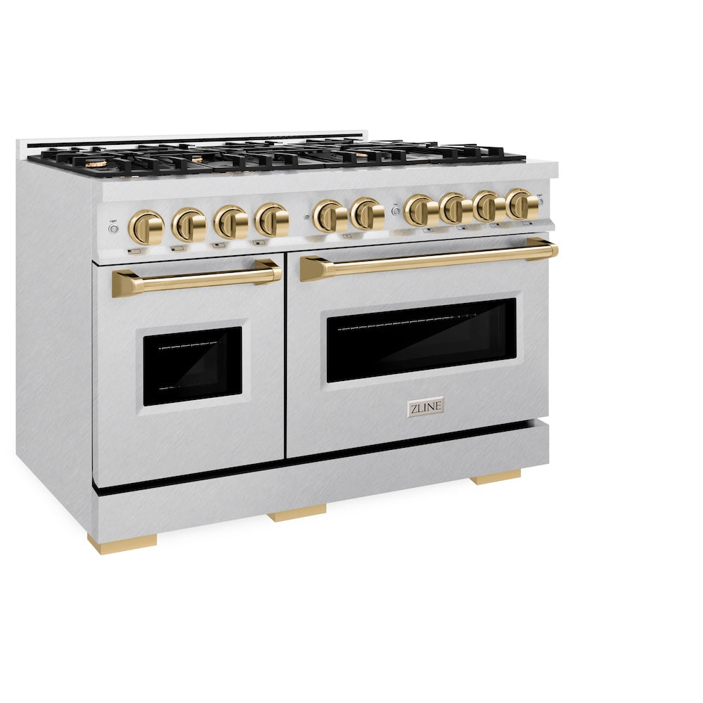 ZLINE Autograph Edition 48 in. 6.7 cu. ft. Classic Double Oven Gas Range with 8 Burner Cooktop in DuraSnow® Stainless Steel and Polished Gold Accents (CGRSZ-48-G) - (CGRSZ48G) -