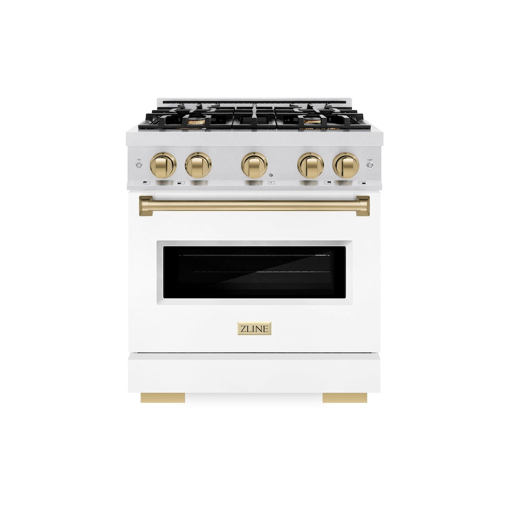 ZLINE Autograph Edition 30 in. 4.2 cu. ft. Classic Gas Range with 4 Burner Cooktop and Convection Gas Oven in DuraSnow® Stainless Steel with White Matte Door and Champagne Bronze Accents (CGRSZ-WM-30-CB) - (CGRSZWM30CB) -