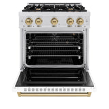 ZLINE Autograph Edition 30 in. 4.2 cu. ft. Classic Gas Range with 4 Burner Cooktop and Convection Gas Oven in DuraSnow® Stainless Steel with White Matte Door and Champagne Bronze Accents (CGRSZ-WM-30-CB) - (CGRSZWM30CB) -