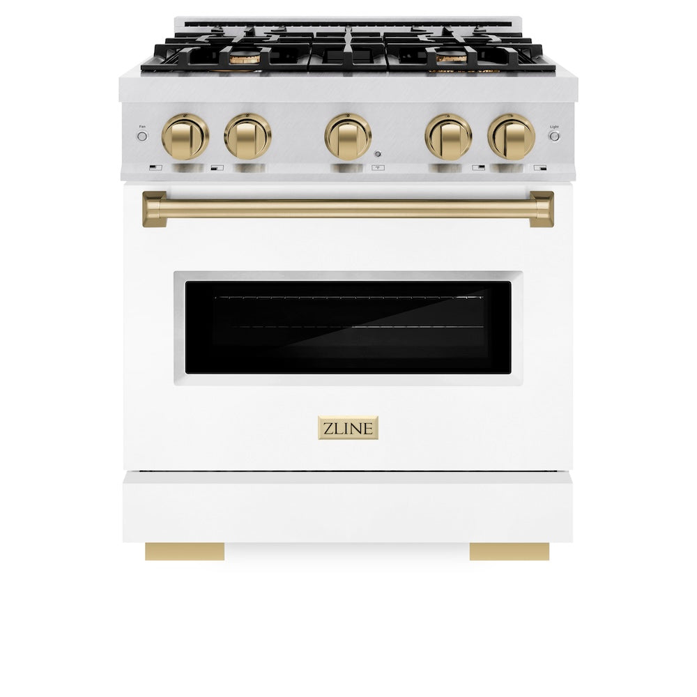 ZLINE Autograph Edition 30 in. 4.2 cu. ft. Classic Gas Range with 4 Burner Cooktop and Convection Gas Oven in DuraSnow® Stainless Steel with White Matte Door and Champagne Bronze Accents (CGRSZ-WM-30-CB) - (CGRSZWM30CB) -