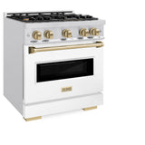 ZLINE Autograph Edition 30 in. 4.2 cu. ft. Classic Gas Range with 4 Burner Cooktop and Convection Gas Oven in DuraSnow® Stainless Steel with White Matte Door and Champagne Bronze Accents (CGRSZ-WM-30-CB) - (CGRSZWM30CB) -