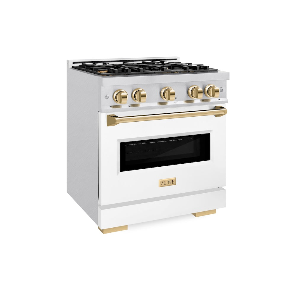 ZLINE Autograph Edition 30 in. 4.2 cu. ft. Classic Gas Range with 4 Burner Cooktop and Convection Gas Oven in DuraSnow® Stainless Steel with White Matte Door and Polished Gold Accents (CGRSZ-WM-30-G) - (CGRSZWM30G) -