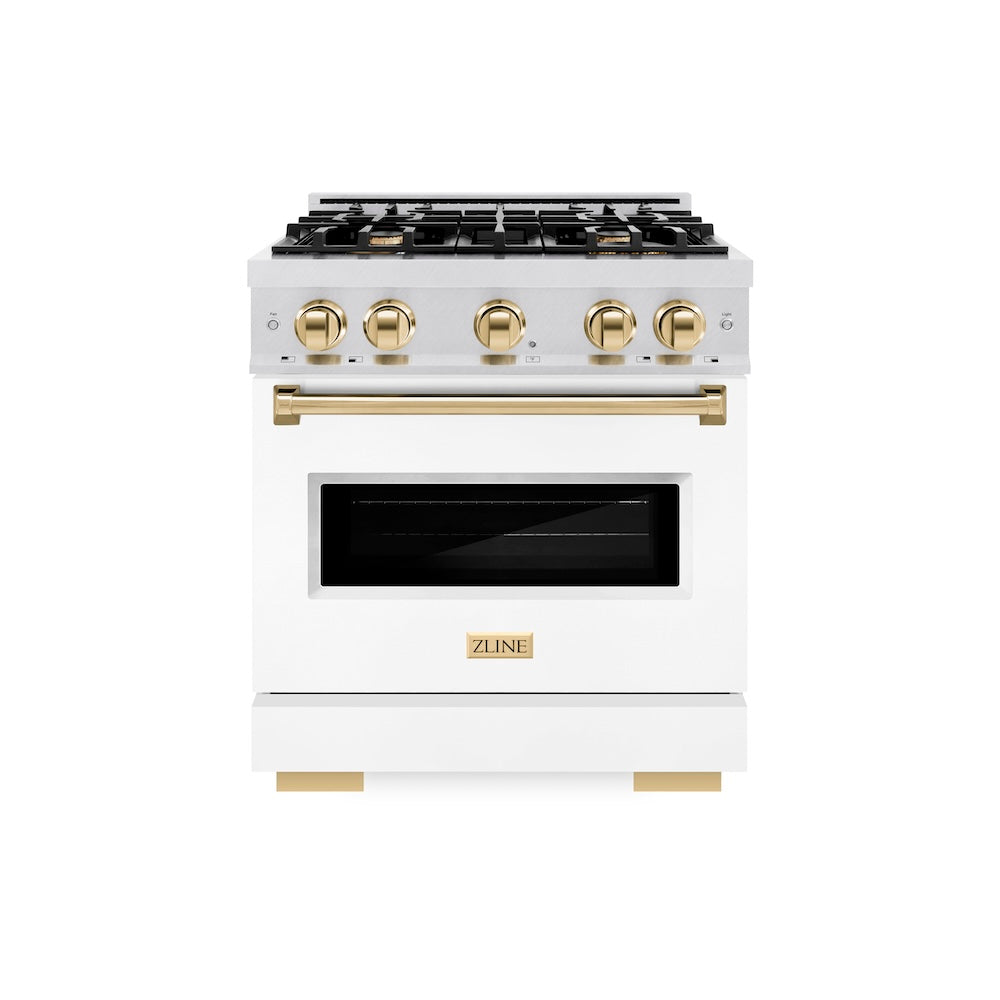 ZLINE Autograph Edition 30 in. 4.2 cu. ft. Classic Gas Range with 4 Burner Cooktop and Convection Gas Oven in DuraSnow® Stainless Steel with White Matte Door and Polished Gold Accents (CGRSZ-WM-30-G) - (CGRSZWM30G) -