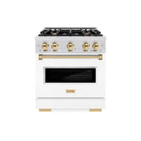 ZLINE Autograph Edition 30 in. 4.2 cu. ft. Classic Gas Range with 4 Burner Cooktop and Convection Gas Oven in DuraSnow® Stainless Steel with White Matte Door and Polished Gold Accents (CGRSZ-WM-30-G) - (CGRSZWM30G) -