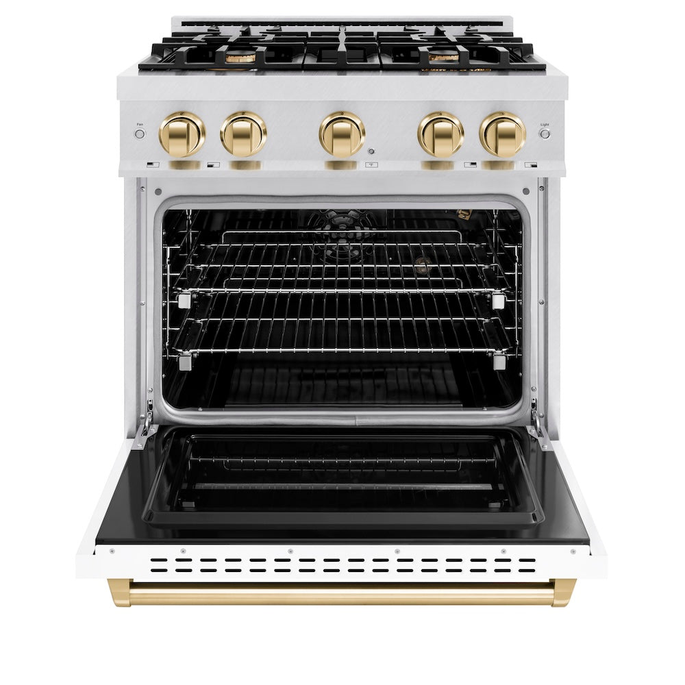 ZLINE Autograph Edition 30 in. 4.2 cu. ft. Classic Gas Range with 4 Burner Cooktop and Convection Gas Oven in DuraSnow® Stainless Steel with White Matte Door and Polished Gold Accents (CGRSZ-WM-30-G) - (CGRSZWM30G) -