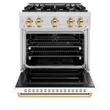 ZLINE Autograph Edition 30 in. 4.2 cu. ft. Classic Gas Range with 4 Burner Cooktop and Convection Gas Oven in DuraSnow® Stainless Steel with White Matte Door and Polished Gold Accents (CGRSZ-WM-30-G) - (CGRSZWM30G) -