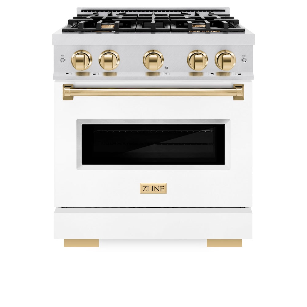 ZLINE Autograph Edition 30 in. 4.2 cu. ft. Classic Gas Range with 4 Burner Cooktop and Convection Gas Oven in DuraSnow® Stainless Steel with White Matte Door and Polished Gold Accents (CGRSZ-WM-30-G) - (CGRSZWM30G) -