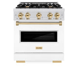 ZLINE Autograph Edition 30 in. 4.2 cu. ft. Classic Gas Range with 4 Burner Cooktop and Convection Gas Oven in DuraSnow® Stainless Steel with White Matte Door and Polished Gold Accents (CGRSZ-WM-30-G) - (CGRSZWM30G) -