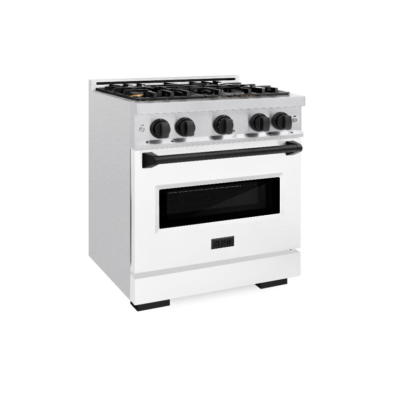 ZLINE Autograph Edition 30 in. 4.2 cu. ft. Classic Gas Range with 4 Burner Cooktop and Convection Gas Oven in DuraSnow® Stainless Steel with White Matte Door and Matte Black Accents (CGRSZ-WM-30-MB) - (CGRSZWM30MB) -