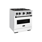 ZLINE Autograph Edition 30 in. 4.2 cu. ft. Classic Gas Range with 4 Burner Cooktop and Convection Gas Oven in DuraSnow® Stainless Steel with White Matte Door and Matte Black Accents (CGRSZ-WM-30-MB) - (CGRSZWM30MB) -