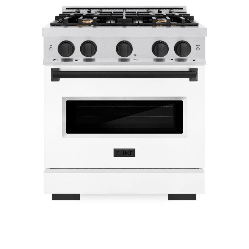 ZLINE Autograph Edition 30 in. 4.2 cu. ft. Classic Gas Range with 4 Burner Cooktop and Convection Gas Oven in DuraSnow® Stainless Steel with White Matte Door and Matte Black Accents (CGRSZ-WM-30-MB) - (CGRSZWM30MB) -