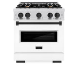 ZLINE Autograph Edition 30 in. 4.2 cu. ft. Classic Gas Range with 4 Burner Cooktop and Convection Gas Oven in DuraSnow® Stainless Steel with White Matte Door and Matte Black Accents (CGRSZ-WM-30-MB) - (CGRSZWM30MB) -