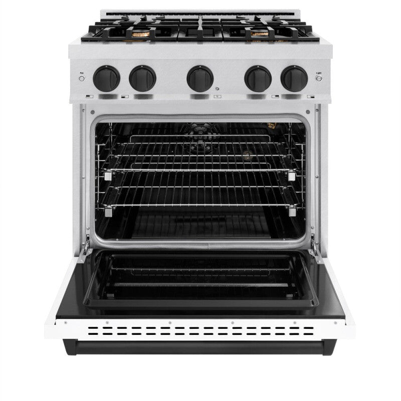 ZLINE Autograph Edition 30 in. 4.2 cu. ft. Classic Gas Range with 4 Burner Cooktop and Convection Gas Oven in DuraSnow® Stainless Steel with White Matte Door and Matte Black Accents (CGRSZ-WM-30-MB) - (CGRSZWM30MB) -
