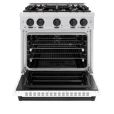 ZLINE Autograph Edition 30 in. 4.2 cu. ft. Classic Gas Range with 4 Burner Cooktop and Convection Gas Oven in DuraSnow® Stainless Steel with White Matte Door and Matte Black Accents (CGRSZ-WM-30-MB) - (CGRSZWM30MB) -