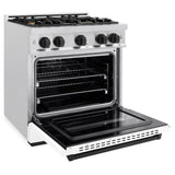 ZLINE Autograph Edition 30 in. 4.2 cu. ft. Classic Gas Range with 4 Burner Cooktop and Convection Gas Oven in DuraSnow® Stainless Steel with White Matte Door and Matte Black Accents (CGRSZ-WM-30-MB) - (CGRSZWM30MB) -