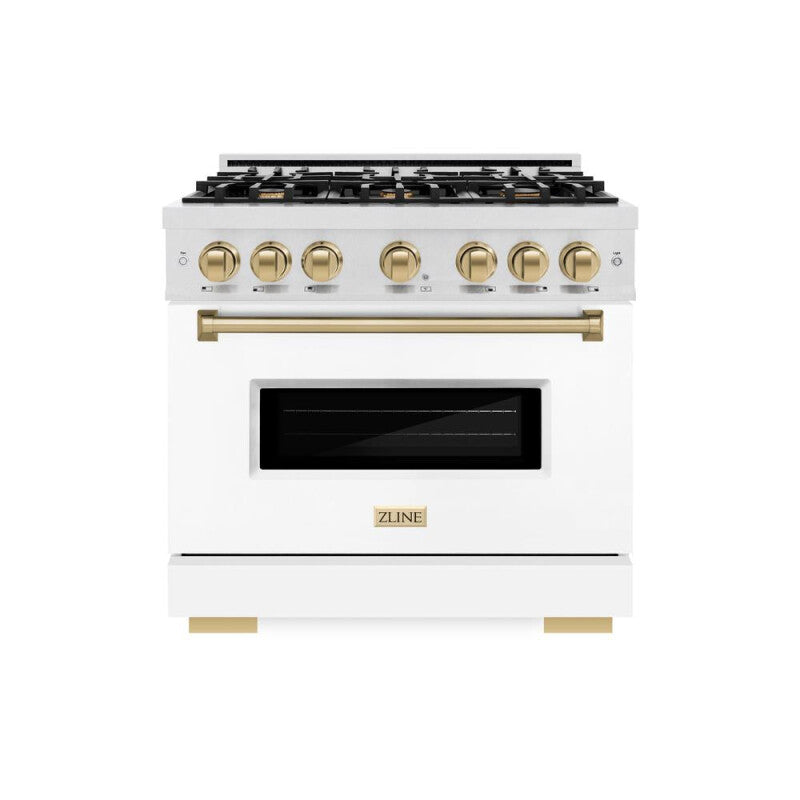 ZLINE Autograph Edition 36 in. 5.2 cu. ft. Classic Gas Range with 6 Burner Cooktop and Convection Gas Oven in DuraSnow® Stainless Steel with White Matte Door and Champagne Bronze Accents (CGRSZ-WM-36-CB) - (CGRSZWM36CB) -