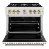 ZLINE Autograph Edition 36 in. 5.2 cu. ft. Classic Gas Range with 6 Burner Cooktop and Convection Gas Oven in DuraSnow® Stainless Steel with White Matte Door and Champagne Bronze Accents (CGRSZ-WM-36-CB) - (CGRSZWM36CB) -