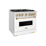 ZLINE Autograph Edition 36 in. 5.2 cu. ft. Classic Gas Range with 6 Burner Cooktop and Convection Gas Oven in DuraSnow® Stainless Steel with White Matte Door and Polished Gold Accents (CGRSZ-WM-36-G) - (CGRSZWM36G) -