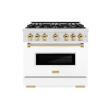 ZLINE Autograph Edition 36 in. 5.2 cu. ft. Classic Gas Range with 6 Burner Cooktop and Convection Gas Oven in DuraSnow® Stainless Steel with White Matte Door and Polished Gold Accents (CGRSZ-WM-36-G) - (CGRSZWM36G) -