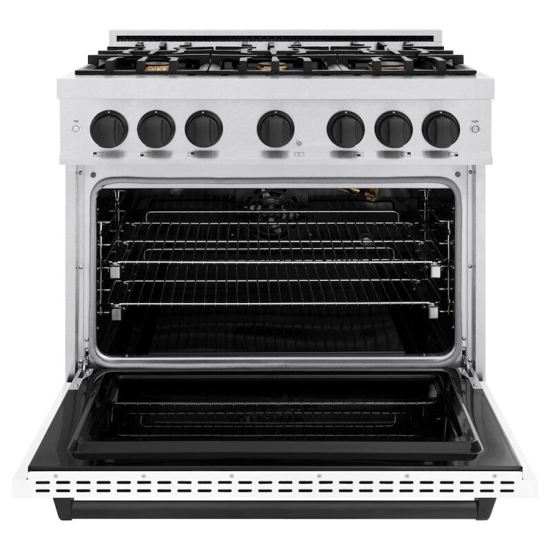 ZLINE Autograph Edition 36 in. 5.2 cu. ft. Classic Gas Range with 6 Burner Cooktop and Convection Gas Oven in DuraSnow® Stainless Steel with White Matte Door and Matte Black Accents (CGRSZ-WM-36-MB) - (CGRSZWM36MB) -