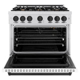 ZLINE Autograph Edition 36 in. 5.2 cu. ft. Classic Gas Range with 6 Burner Cooktop and Convection Gas Oven in DuraSnow® Stainless Steel with White Matte Door and Matte Black Accents (CGRSZ-WM-36-MB) - (CGRSZWM36MB) -