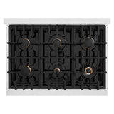 ZLINE Autograph Edition 36 in. 5.2 cu. ft. Classic Gas Range with 6 Burner Cooktop and Convection Gas Oven in DuraSnow® Stainless Steel with White Matte Door and Matte Black Accents (CGRSZ-WM-36-MB) - (CGRSZWM36MB) -