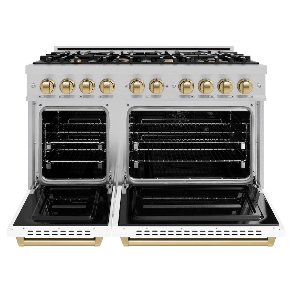 ZLINE Autograph Edition 48 in. 6.7 cu. ft. Classic Double Oven Gas Range with 8 Burner Cooktop in DuraSnow® Stainless Steel with White Matte Doors and Champagne Bronze Accents (CGRSZ-WM-48-CB) - (CGRSZWM48CB) -