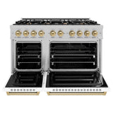 ZLINE Autograph Edition 48 in. 6.7 cu. ft. Classic Double Oven Gas Range with 8 Burner Cooktop in DuraSnow® Stainless Steel with White Matte Doors and Champagne Bronze Accents (CGRSZ-WM-48-CB) - (CGRSZWM48CB) -
