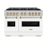 ZLINE Autograph Edition 48 in. 6.7 cu. ft. Classic Double Oven Gas Range with 8 Burner Cooktop in DuraSnow® Stainless Steel with White Matte Doors and Champagne Bronze Accents (CGRSZ-WM-48-CB) - (CGRSZWM48CB) -