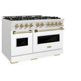 ZLINE Autograph Edition 48 in. 6.7 cu. ft. Classic Double Oven Gas Range with 8 Burner Cooktop in DuraSnow® Stainless Steel with White Matte Doors and Champagne Bronze Accents (CGRSZ-WM-48-CB) - (CGRSZWM48CB) -