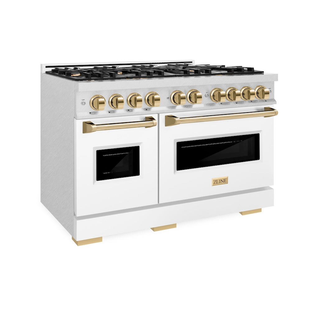 ZLINE Autograph Edition 48 in. 6.7 cu. ft. Classic Double Oven Gas Range with 8 Burner Cooktop in DuraSnow® Stainless Steel with White Matte Doors and Polished Gold Accents (CGRSZ-WM-48-G) - (CGRSZWM48G) -