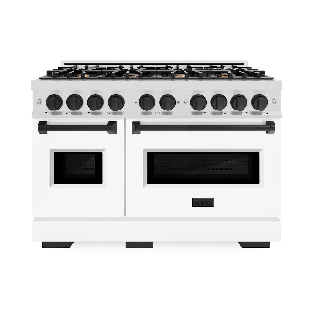 ZLINE Autograph Edition 48 in. 6.7 cu. ft. Classic Double Oven Gas Range with 8 Burner Cooktop in DuraSnow® Stainless Steel with White Matte Doors and Matte Black Accents (CGRSZ-WM-48-MB) - (CGRSZWM48MB) -