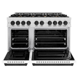 ZLINE Autograph Edition 48 in. 6.7 cu. ft. Classic Double Oven Gas Range with 8 Burner Cooktop in DuraSnow® Stainless Steel with White Matte Doors and Matte Black Accents (CGRSZ-WM-48-MB) - (CGRSZWM48MB) -