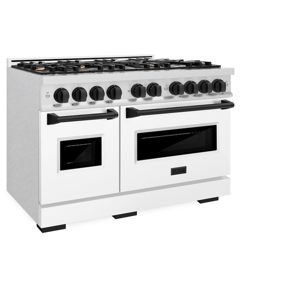 ZLINE Autograph Edition 48 in. 6.7 cu. ft. Classic Double Oven Gas Range with 8 Burner Cooktop in DuraSnow® Stainless Steel with White Matte Doors and Matte Black Accents (CGRSZ-WM-48-MB) - (CGRSZWM48MB) -