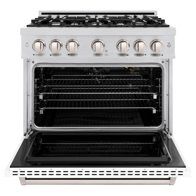 ZLINE 36 in. 5.2 cu. ft. Classic Gas Range with 6 Burner Cooktop and Convection Gas Oven in Stainless Steel with White Matte Door (CGR-WM-36) - (CGRWM36) -