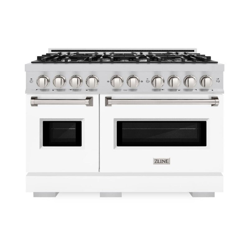 ZLINE 48 in. 6.7 cu. ft. Classic Double Oven Gas Range with 8 Burner Cooktop in Stainless Steel with White Matte Doors (CGR-WM-48) - (CGRWM48) -