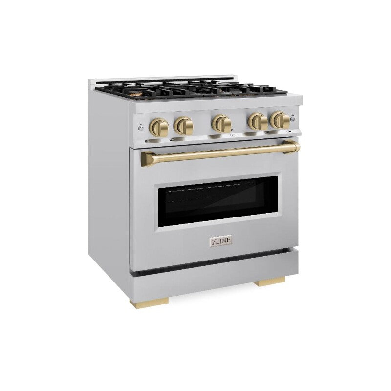 ZLINE Autograph Edition 30 in. 4.2 cu. ft. Classic Gas Range with 4 Burner Cooktop and Convection Gas Oven in Stainless Steel and Champagne Bronze Accents (CGRZ-30-CB) - (CGRZ30CB) -