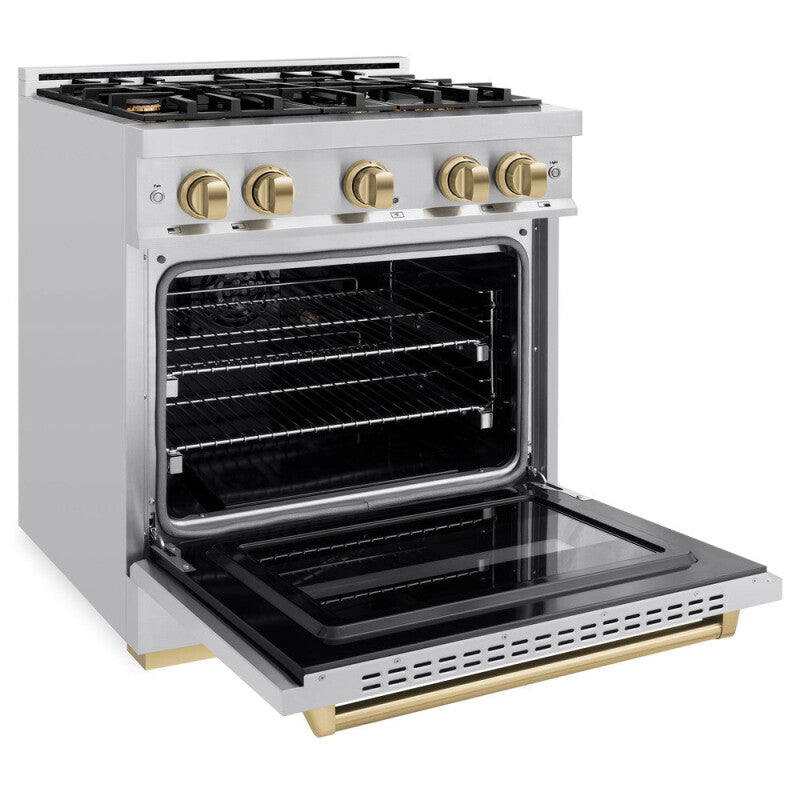 ZLINE Autograph Edition 30 in. 4.2 cu. ft. Classic Gas Range with 4 Burner Cooktop and Convection Gas Oven in Stainless Steel and Champagne Bronze Accents (CGRZ-30-CB) - (CGRZ30CB) -