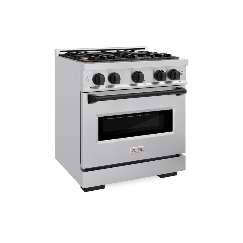 ZLINE Autograph Edition 30 in. 4.2 cu. ft. Classic Gas Range with 4 Burner Cooktop and Convection Gas Oven in Stainless Steel and Matte Black Accents (CGRZ-30-MB) - (CGRZ30MB) -