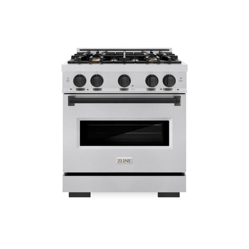 ZLINE Autograph Edition 30 in. 4.2 cu. ft. Classic Gas Range with 4 Burner Cooktop and Convection Gas Oven in Stainless Steel and Matte Black Accents (CGRZ-30-MB) - (CGRZ30MB) -