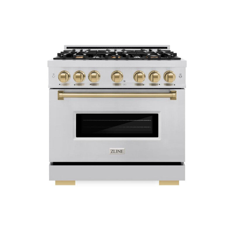 ZLINE Autograph Edition 36 in. 5.2 cu. ft. Classic Gas Range with 6 Burner Cooktop and Convection Gas Oven in Stainless Steel and Champagne Bronze Accents (CGRZ-36-CB) - (CGRZ36CB) -