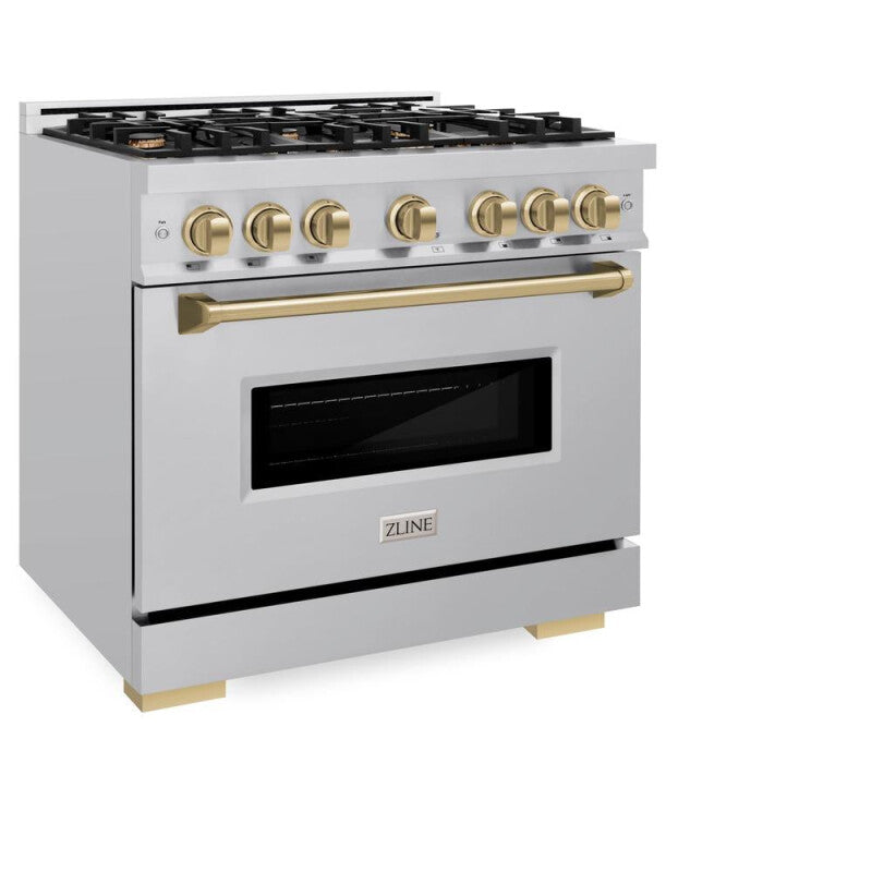ZLINE Autograph Edition 36 in. 5.2 cu. ft. Classic Gas Range with 6 Burner Cooktop and Convection Gas Oven in Stainless Steel and Champagne Bronze Accents (CGRZ-36-CB) - (CGRZ36CB) -