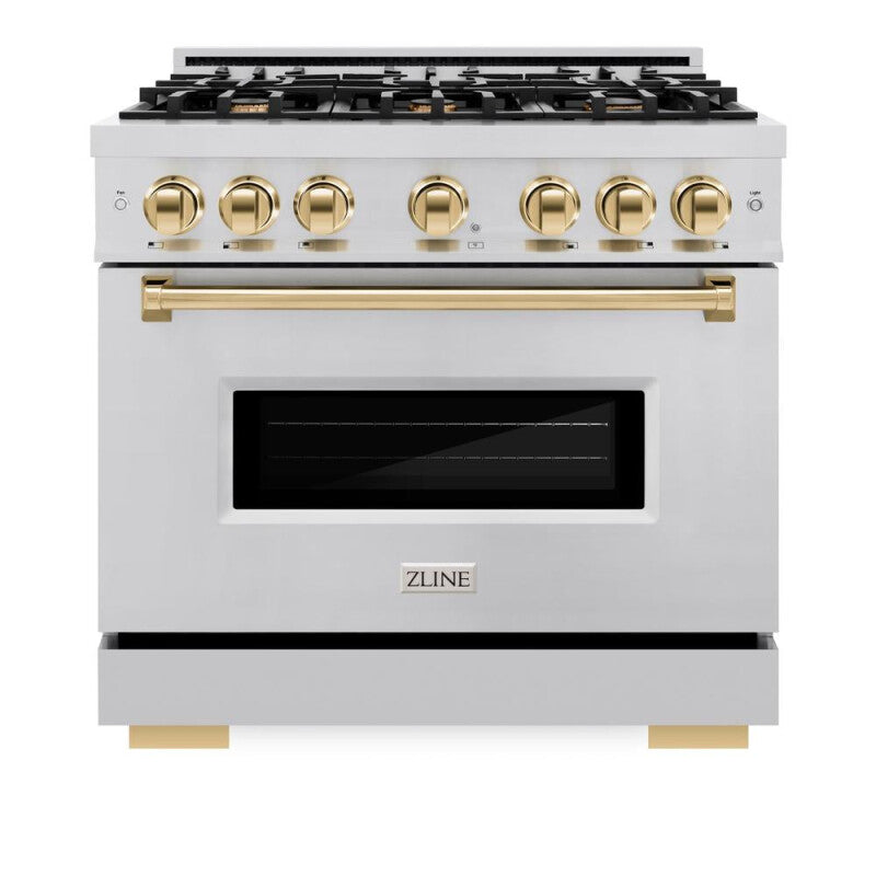 ZLINE Autograph Edition 36 in. 5.2 cu. ft. Classic Gas Range with 6 Burner Cooktop and Convection Gas Oven in Stainless Steel and Polished Gold Accents (CGRZ-36-G) - (CGRZ36G) -