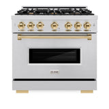ZLINE Autograph Edition 36 in. 5.2 cu. ft. Classic Gas Range with 6 Burner Cooktop and Convection Gas Oven in Stainless Steel and Polished Gold Accents (CGRZ-36-G) - (CGRZ36G) -